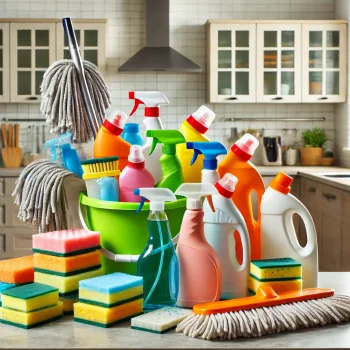 A Visually Appealing Assortment Of Cleaning Supplies And Equipment Arranged Neatly On A Countertop. Includes Items Like A Mop, Bucket, Spray Bottles,