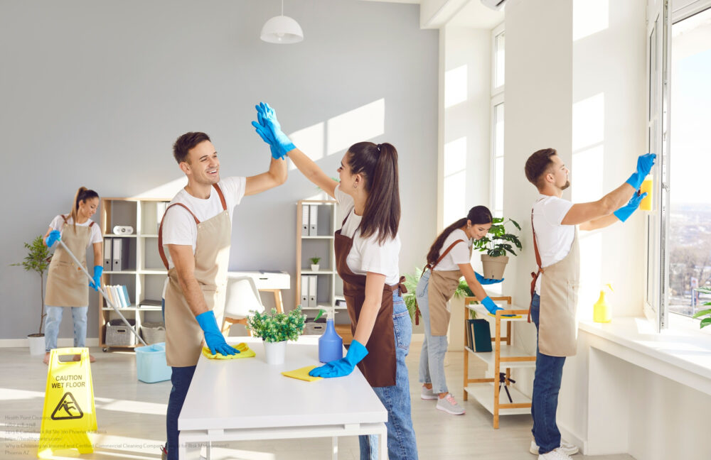 Cleaner Happy Group High Five Finish Working, Professional Janitor Service Busy Completing Cleaning